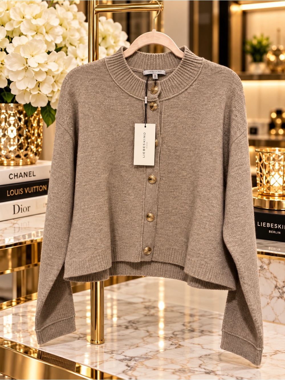 Something Navy Women's Cropped Crewneck Cardigan in Taupe